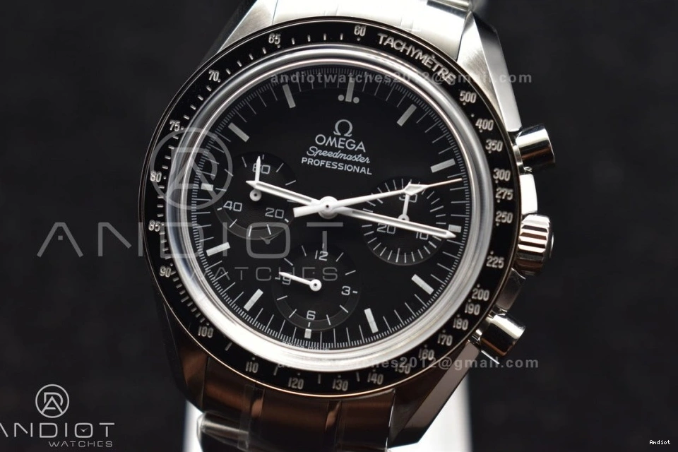 Speedmaster Movement Sapphire Back Crystal Winding OMF Transparent with Manual SS Chrono SS on Dial Black Bracelet MoonWatch 0106